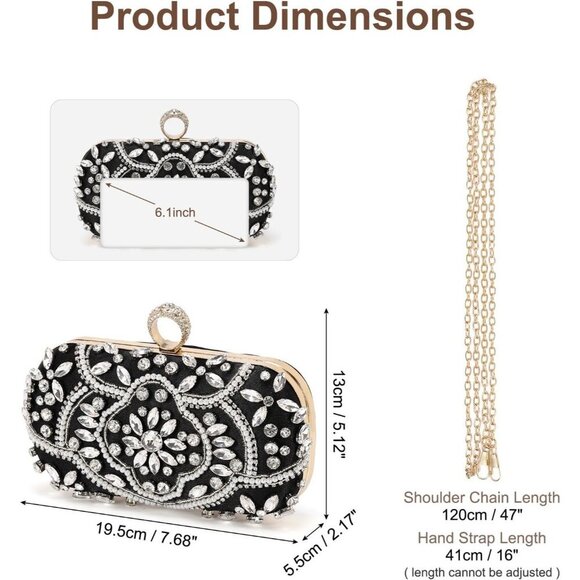🆕Women Black Beaded Polyester Evening Bag Rhinestone Clutch Shoulder Handbag - Picture 2 of 7